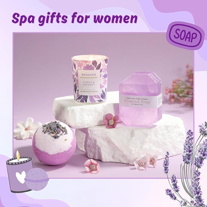 Get Well Baskets for Women, 9pc Happy Birthday Gifts, Lavender Sympathy Care Package Get Well Soon Relaxation Spa Gift Set for Her Mom Wife Girlfriend Bestie Mother Christmas