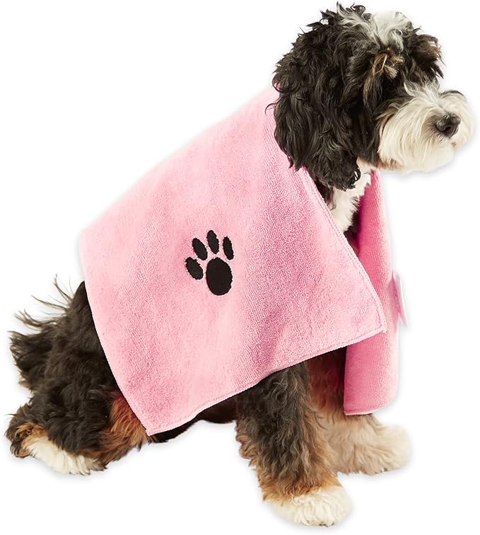 Bone Dry Pet Grooming Towel Collection Embroidered Absorbent Microfiber Drying Set, 15x30, Pink, 3 Count