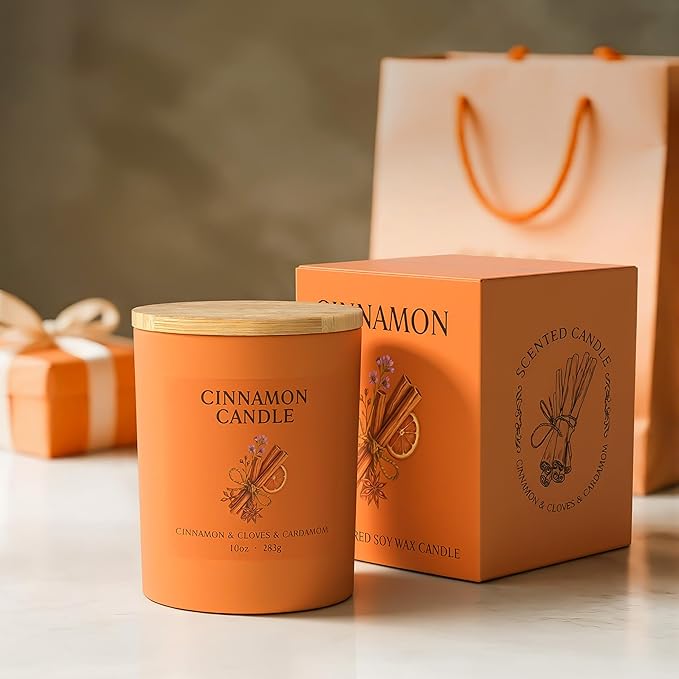 NORVENCE Cinnamon Candle, Cinnamon Scented Candles for Women, 10oz Soy Candles with Bamboo Lid for Home Scented, Birthday Gifts for Women and Men, Hand-Poured Candle for Relaxation, Home Decor