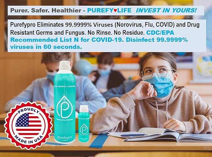 Purefypro Disinfectant Airesol Spray (14oz, 2 Pack) Eliminate 99.9999% Norovirus, HIV, Hepatitis, Flu, Monkeypox Viruses, MRSA, VRE, E Coli, Fungi. No Residue. No Rinse. Suitable for All Surfaces.