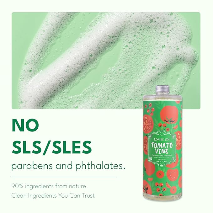 ROMIIE ZOI Foaming Hand Soap Refill Gift Set – Tomato Vine Scent – 3 Pack (33.8 Fl Oz Each) with Refillable Dispenser, Chemical-Free & Moisturizing Formula – Bulk Refills Setfor Bathroom & Kitchen