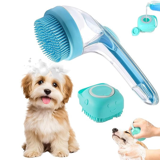 (2-Piece) Pet Bath Brush and Dog Scrubber，Bathing Dog Beauty Massage Brush with Soap Dispenser，Adjustable Handle Shampoo Brush & Scrubber for Short & Long Haired Dogs & Cats