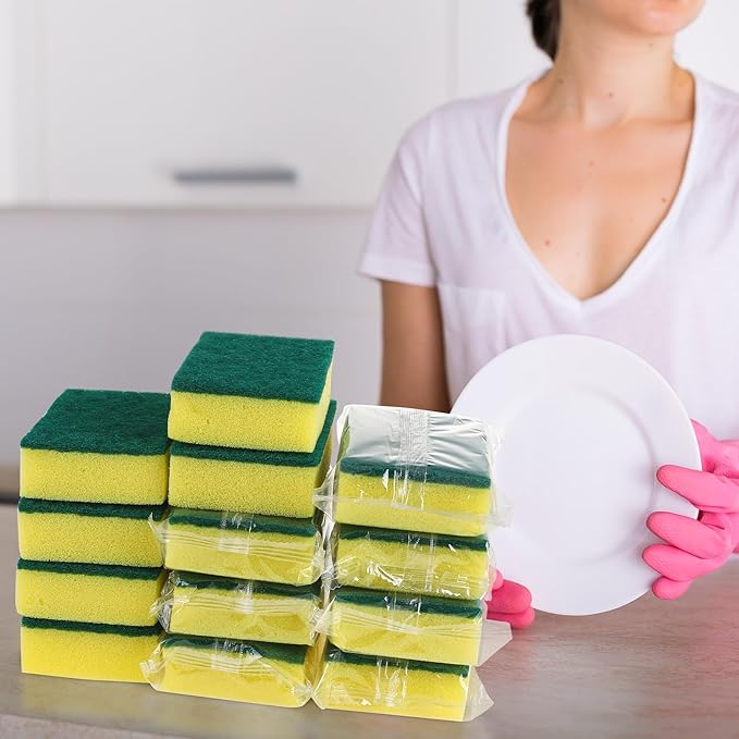 100 Pcs Individually Wrapped Sponges, Uncompressed Non Scratch Scrouing Sponges for Household Cleaning Dishes Kitchen Airbnb Apartment Car Bike Green