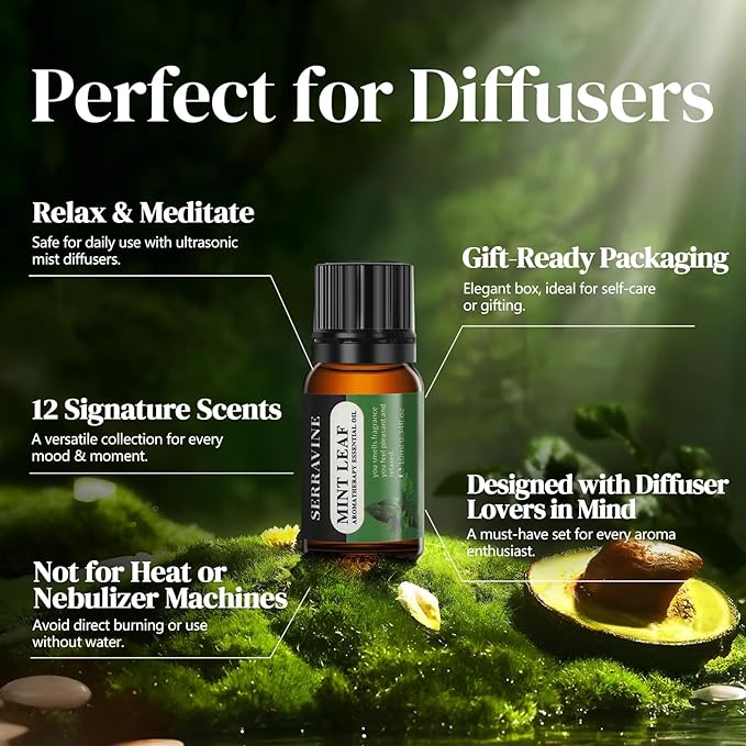 Perfect for Diffusers – 12 Natural Essential Oils Set with Gift Box & Bag | Lavender, Vanilla, Rose, Peppermint & More | Ideal for Aromatherapy, Relaxation & Home Use