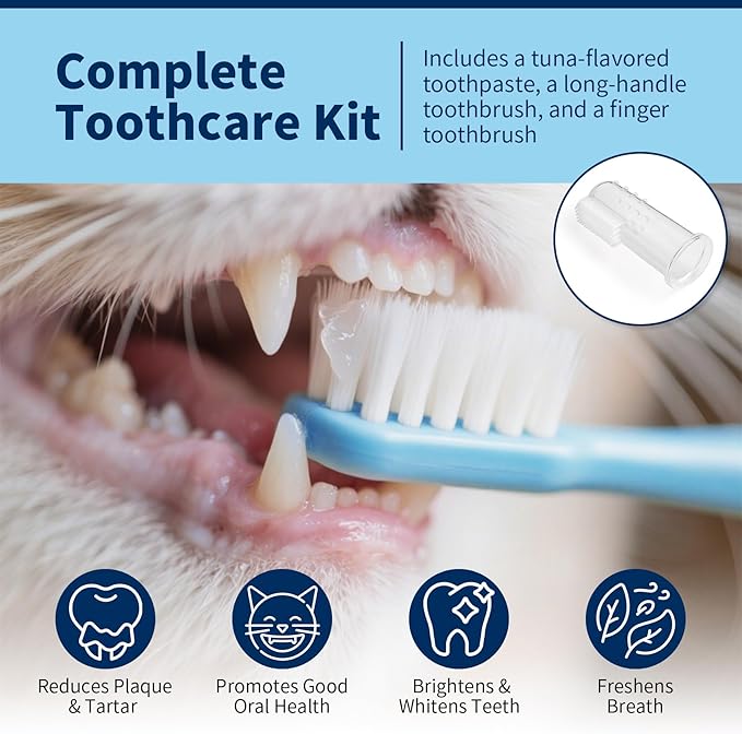 Cat Dental Care Kit – Tuna Flavor Toothpaste 1.06 oz with Toothbrush & Finger Brush | Gentle Formula, Fresh Breath & Plaque Control