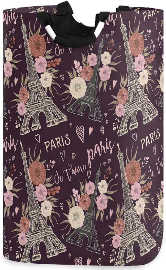 visesunny Vintage Paris Large Laundry Hamper with Handle Foldable Durable Clothes Hamper Laundry Bag Toy Bin for Bathroom, Bedroom, Dorm, Travel