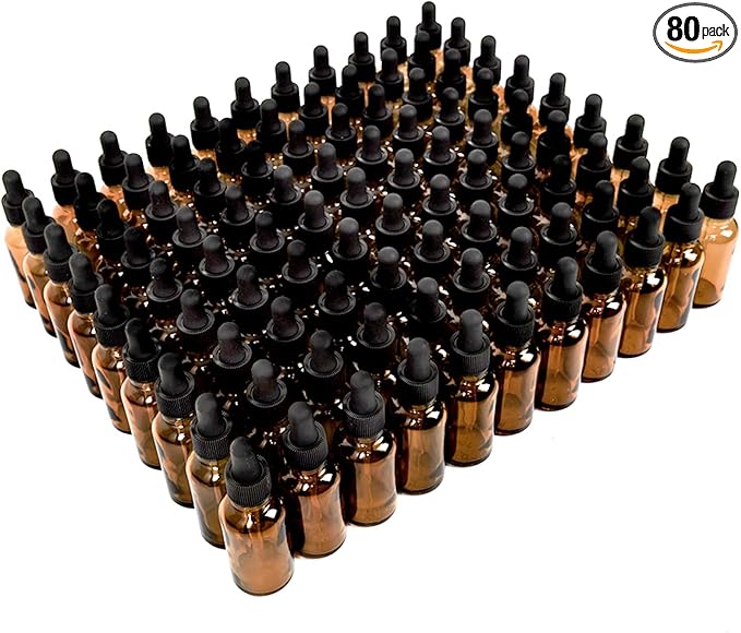 June Fox 2oz Glass Dropper Bottle, 80 Pack Amber Glass Bottles with Droppers and Black cap for Essential Oils, Lab Chemicals, Perfumes