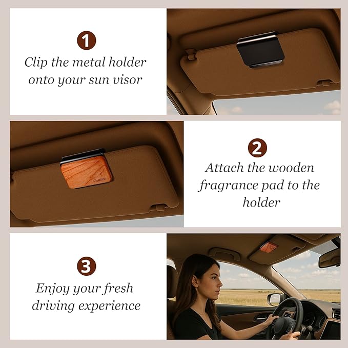 Car Air Freshener - Wood Air Freshener - Car Odor Eliminator for Visor Clip-Variety Scent Refill, Vehicle Scent Diffuser for Cabin, Truck & SUV - Pack of 3 (Teak-Amber-Cabana)-CLIP INCLUDED