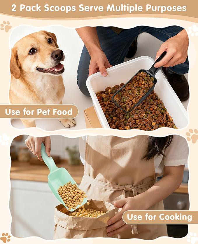 2-Pack Dog Food Scoop 1 Cup, Plastic Pet Food Measuring Scoop With Measuring Lines (1/2 & 1 Cup Markings) for Dogs, Cats, Fish, Bird（Black and Green)