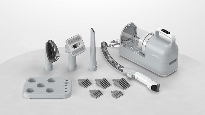 Hicozy S1+ Dog Grooming Vacuum, 12000Pa Minimum 50dB Quiet Dog Vacuum for Shedding Grooming with 2L Dust Cup, 6 Professional Pet Accessories with Clippers, Gray