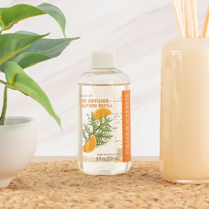 SpaRoom Reed Diffuser Oil Refill – Cedar Citrus Scent, 8oz Bright and Earthy Blend with Lemon Essentials, Invigorating Aroma for Home, Spa, or Office, Long Lasting Fragrance Solution