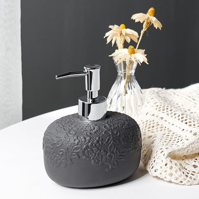 Soap Dispenser, Ceramic Countertop Lotion Dispenser 14oz with Embossed Design, Matte Black Bathroom Refillable Lotion Bottle for Shower Soaps Shampoo Kitchen Organization, ANTIS'S HOME