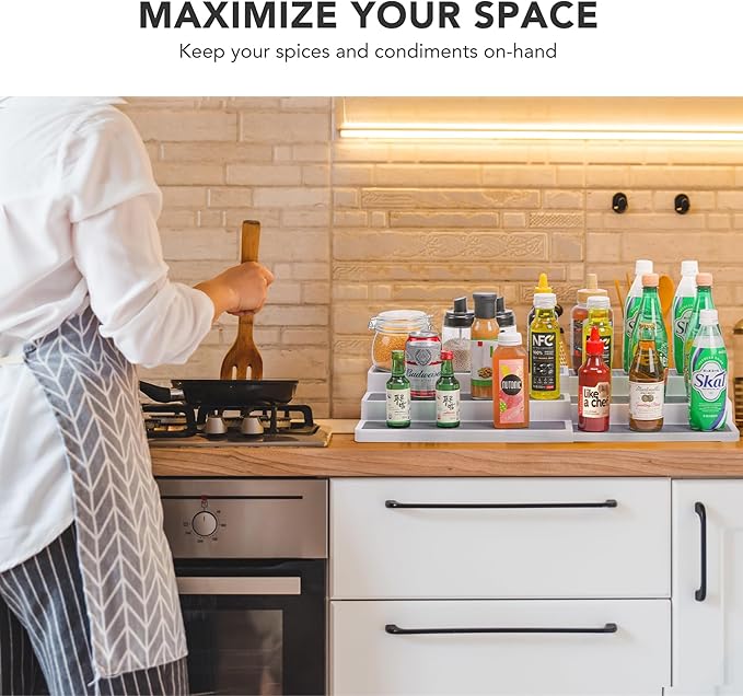 3 Tier Expandable Spice Rack Organizer, White/Grey Plastic Spice Rack, Adjustable Length 14.6In-25.8In, 2 Pack Non-Skid Tiered Spice Shelf Organizer for Kitchen Cabinet, Cupboard, Pantry