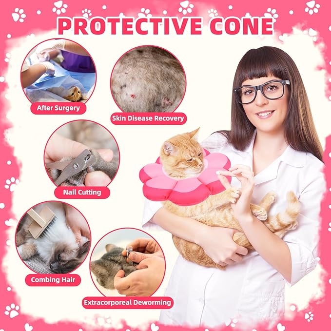 PUPTECK Cat Cone Collar Soft, Adjustable Protective Recovery Flower Collar Alternative, Comfortable Elizabethan Cat Collar Lightweight Stop Licking Neck Cone for Cats After Surgery, Pink, S