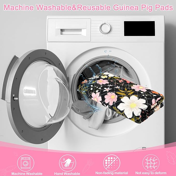 Bienbee Guinea Pig Bedding, 2 Pack 47" x 24" Reusable Guinea Pig Cage Liner Waterproof and Absorbent Small Animal Bedding Washable Pee Pads for Small Pet Hamster Rabbit Squirrel Pink and White Flowers