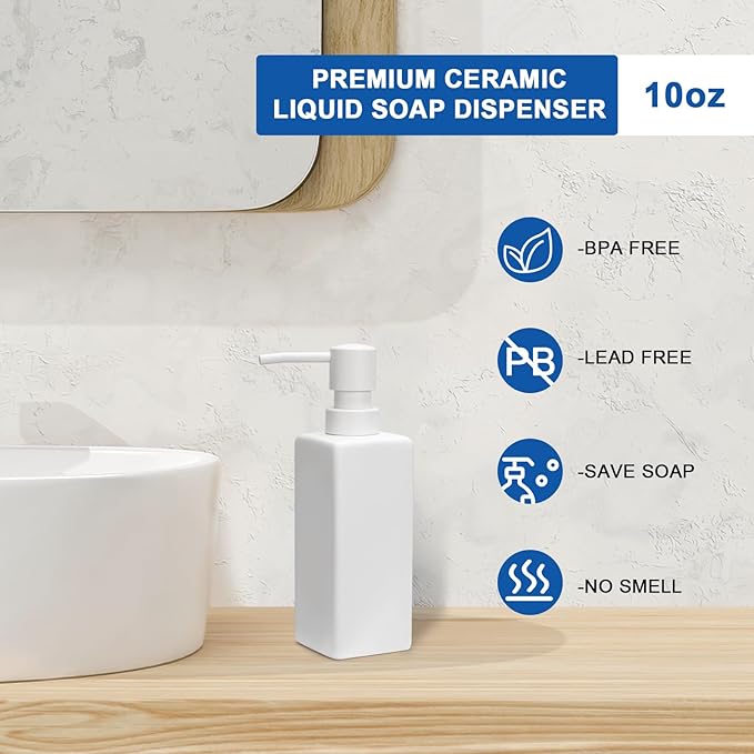 Ceramic 2Pcs White Soap Dispenser with Rust-Proof Plastic Pump for Bathroom 10oz Liquid Hand Soap Dispenser for Kitchen