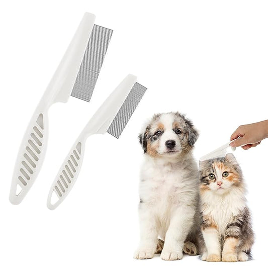 TIESOME 2PCS Stainless Steel Flea Comb for Dogs Cats, Tear Stain Remover Promotes Hair Growth Removes Loose Hair Fleas Dual-Size Groom Brush for All Breeds