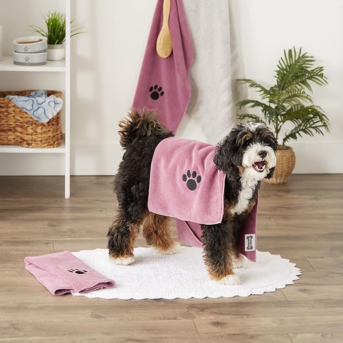 Bone Dry Pet Grooming Towel Collection Absorbent Microfiber Drying Set, 15x30", Embroidered Rose, 3 Count