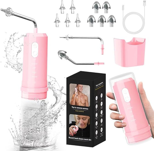 Ear Wax Removal, 2 in 1 Electric Ear Cleaning Kit with 4 Pressure Modes, Portable Water Powered Ear Cleaner with Basin and Nasal Nozzles, Ear Irrigation Flushing System for Adults and Kids, Pink