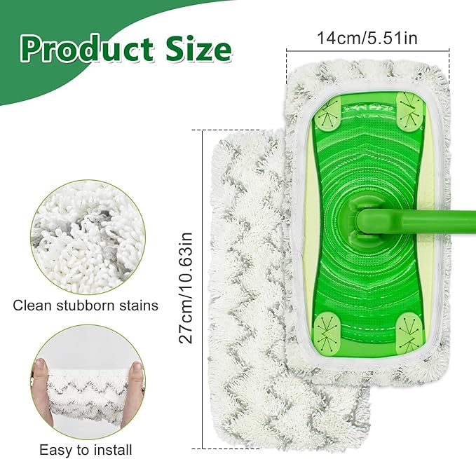 4 Pack Reusable Mop Pads Compatible with Swiffer Sweeper Mop,Wet Pads Refill & Dry Sweeping Cloths,Chenille & Microfiber Refill Pads for Wood Floor Cleaning,Washable Wet Mopping Cloths,Green & Gray