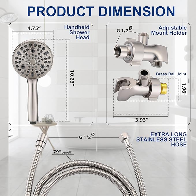 High Pressure 10-Setting Handheld Shower Head, 5" Detachable Shower Spray, 79" Extra Long Stainless Steel Hose, Adjustable Bracket - Brushed Nickel