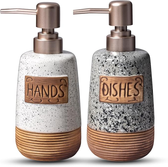 Hand and Dish Soap Dispenser Set, Farmhouse Ceramic Soap Dispenser for Kitchen Sink, 15 OZ Vintage Hand Wash Liquid Dispenser for Bathroom Farmhouse Modern Kitchen Decor Accessories