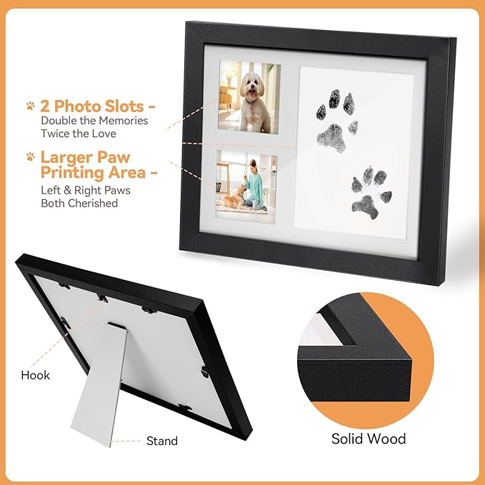 Paw Print Kit for Dogs & Cats, Inkless Pads (2), Reversible Stand/Wall-Mount Frame, Pet Paw Impression Gift Set (Black)