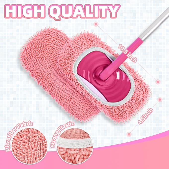4 Pack Reusable Mop Pads Compatible with Swiffer Sweeper, Microfiber Chenille Washable Swiffer Mop Pads, Dry & Wet Sweeping Mopping Cloths (Pink)