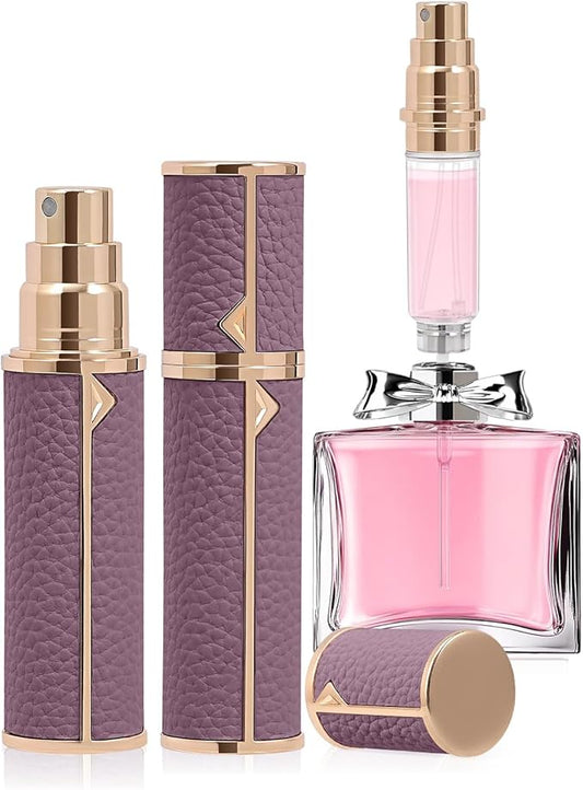Refillable Travel Perfume Bottle – Fine Mist Atomizer, Bottom Fill, Genuine Leather Shell, TSA Approved, For Daily Refresh & Travel (Purple, 10ml)