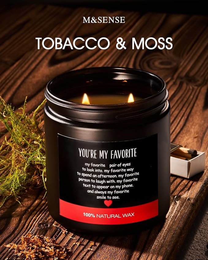 M&SENSE Tobacco Moss Scented Candle 11.6oz - Funny Gifts for Dad, Husband, Boyfriend | Unique Valentines Day Present, Masculine Home Decor, Relaxing Aromatherapy
