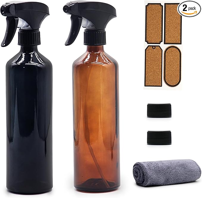 OFFIDIX Glass Spray Bottles for Cleaning,16 OZ 2 Pack Continuous Empty Water Mister Spray Bottles for Hair,Plants Mister,Adjustable Nozzle,Amber and Black