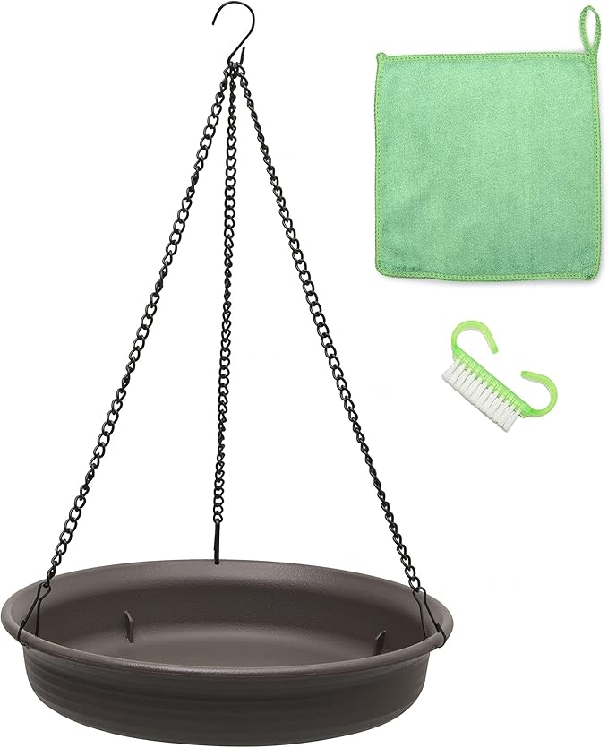 Magerdy Fields 12 Inch Hanging Bird Bath for Outside - 3 Chains with an S Hook - Microfiber Cleaning Cloth and Brush - Hanging Bird Feeder, Plastic birdbaths Bowl for Outdoors, Backyard Birding