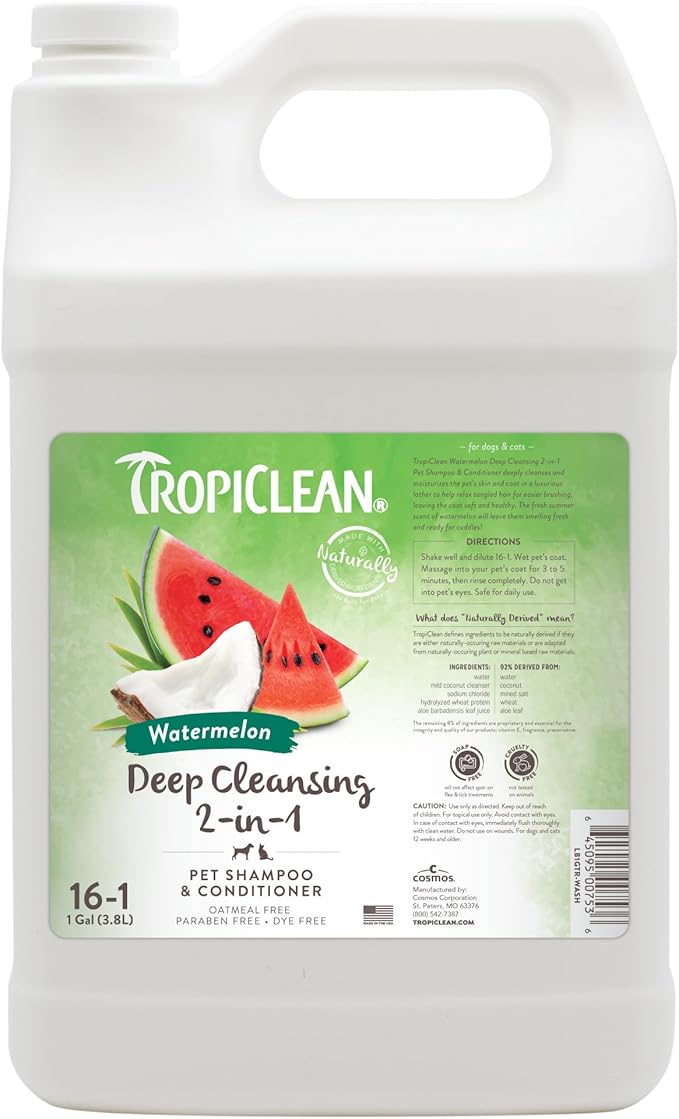 TropiClean 2-in-1 Dog Shampoo and Conditioner, Professional Dog Shampoo, Puppy Safe, Moisturizing Detangler, Made in USA, Watermelon Scent, 1 Gallon