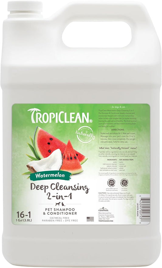 TropiClean 2-in-1 Dog Shampoo and Conditioner, Professional Dog Shampoo, Puppy Safe, Moisturizing Detangler, Made in USA, Watermelon Scent, 1 Gallon