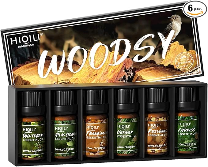 HIQILI Woodsy Fragrance Oil Set for Aromatherapy, Essential Oil Diffuser, Ideal for DIY Candles & Perfume Making, Massage Oil - Cedarwood, Frankincense, Vetiver, Rosewood, Cypress - 6x10ml