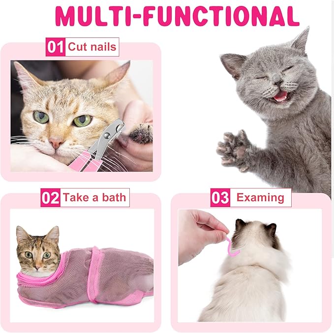 9 Pcs Cat Bathing Bag Set Cat Shower Bag Anti Bite and Scratch for Pet Grooming Washing Brush Comb Muzzle Nail Clipper Nail File Tick Tool(Pink)