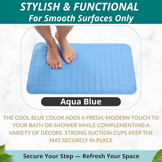 ENKOSI Non Slip Shower Mat – Bath Mat for Tub and Shower Floors – Anti Slip Bathtub Mat with Strong Suction Cup Grip – Soft, Blue Bathroom Mat for Inside Bath and Shower Floors (28x16 Aqua Blue)