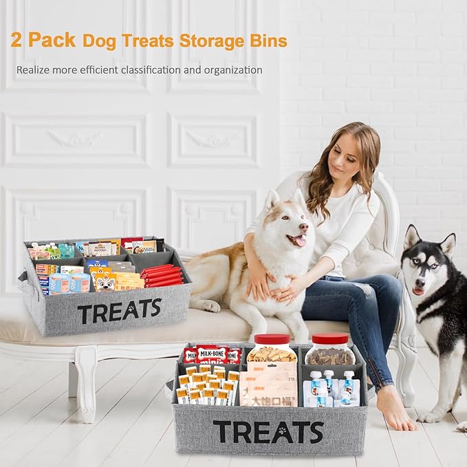 2pack Dog Storage Organizer,Dog Treat Container Bin for Countertop,Collapsible Cat Treats Container with Dividers,Dog Treats Station for Treats Stick/Canned Food/Bagged Snacks-Black