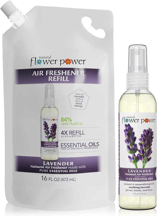 Natural Flower Power Air Freshener Spray Refills - Odor Eliminator w/Essential Oils - Home, Car & Fabric - Cruelty Free & Vegan – Lavender Spray 4 fl oz + Refill 16 fl oz Combo