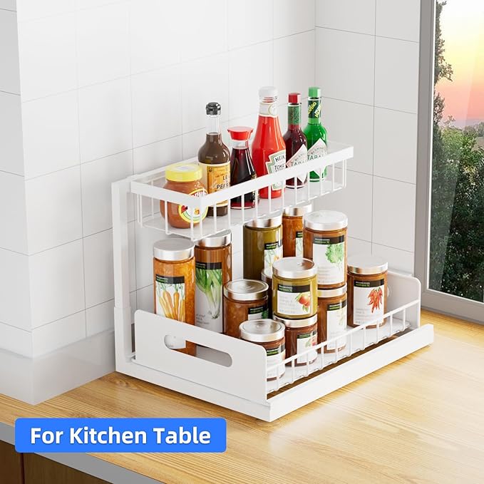 2-Tier Under Sink Slide Out Organizer, Pull Out Cabinet Storage Shelf with Sliding Wire Basket Drawer for Bathroom Kitchen, Countertop or Pantry Shelf, White