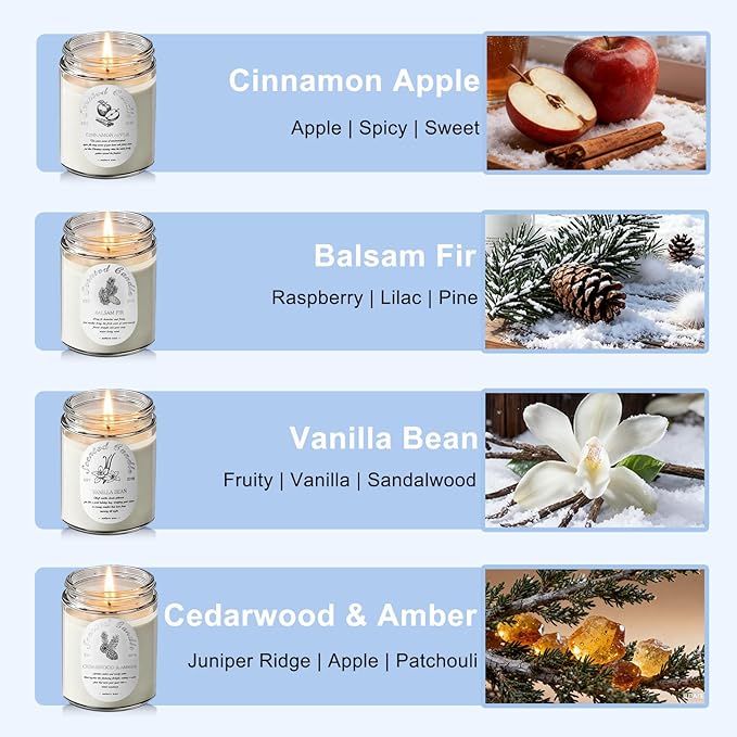 Winter Candle Gift Set, 4 Pack 28oz Soy Wax Scented Candles for Home – Cinnamon Apple, Balsam Fir, Vanilla Bean, Cedarwood & Amber – Cozy Aromatherapy Candles for Christmas, Holiday & Home Decor Gifts