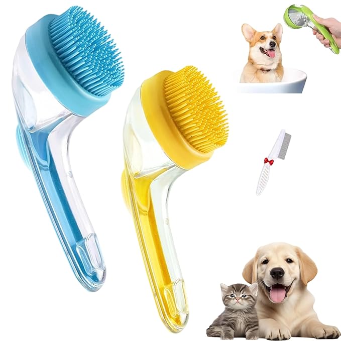 Pets Bath Brush, Soft Silicone Deep Cleaning Scrubber with Built-In Shampoo Dispenser, 2 in 1 Dog Grooming Massage Brush for Dogs Cats (2Pcs, A)