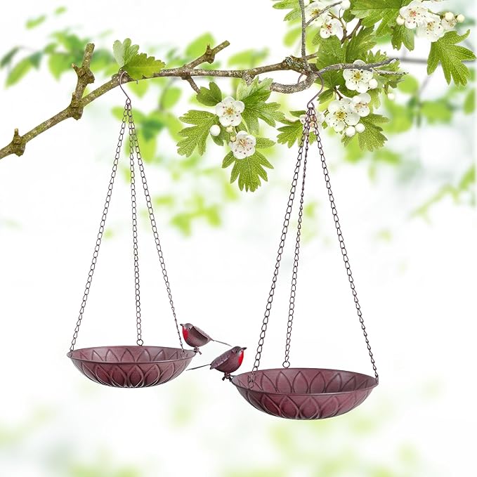 2 Pack Hanging Bird Bath for Outdoors, Metal Birds Feeder & Water Bowl with Chains and S-Hooks, Garden Birdbath Tray for Patio Porch, Tree Branch, Backyard Yard Decor (Rustic Brown)
