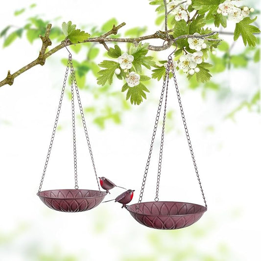 2 Pack Hanging Bird Bath for Outdoors, Metal Birds Feeder & Water Bowl with Chains and S-Hooks, Garden Birdbath Tray for Patio Porch, Tree Branch, Backyard Yard Decor (Rustic Brown)
