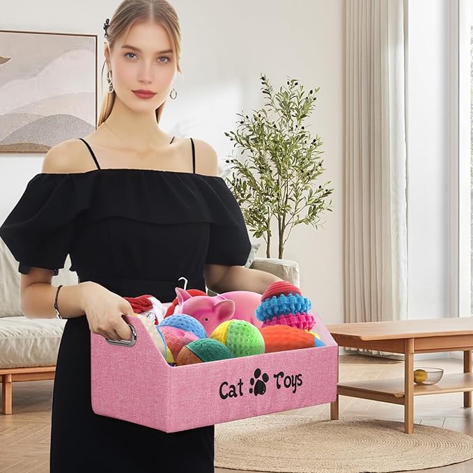 Cat Toy Basket, Kitten Toys Storage Organizer Foldable Fabric Bin Pet Supplies Chest Holder Trapezoid Container with Metal Handles for Organizing Cats Clothes Accessories, Pink