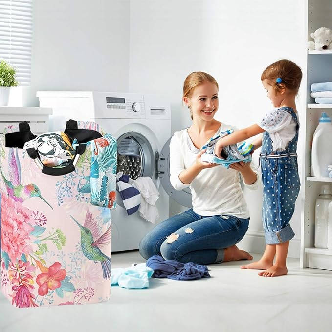 visesunny Pretty Hummingbird And Pink Flower Large Laundry Hamper with Handle Foldable Durable Clothes Hamper Laundry Bag Toy Bin for Bathroom, Bedroom, Dorm, Travel