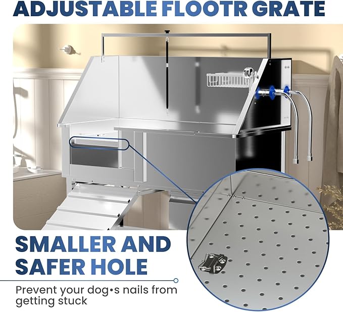 46" Dog Washing Station, Professional Stainless Steel Dog Bathtub w/Ramp & Storage Drawer, Adjustable Grate, Non-Slip Design, Home Grooming & Large Dogs (Left Ramp)