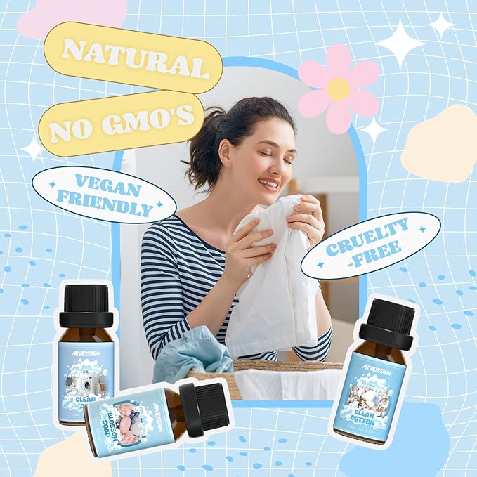 Clean Essential Oils Set, ARVIDSSON Natural Fragrance Oil for Diffuser, Soap Making - Fresh Linen, Clean Home, Fresh Cotton, Soft Powder, Blossom Soap, Lemongrass, Strong Scented Oils for Home