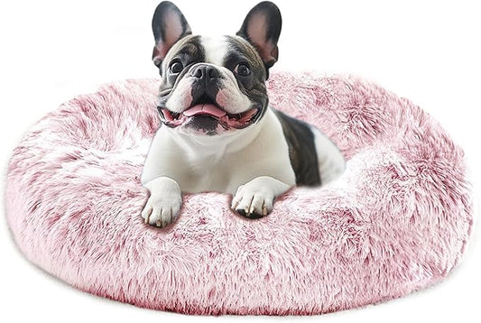 JOLLYVOGUE Small Dog & Cat Beds for Indoor Cats, Donut Cuddler Warming Soft Dog Beds with Anti-Slip Bottom, Round Calming Fluffy Plush Faux Fur Cushion Bed for Medium Dogs (31", Smoke Pink)