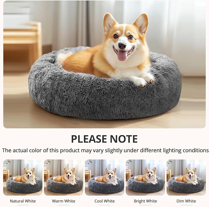 JOLLYVOGUE Small Dog & Cat Beds for Indoor Cats, Donut Cuddler Warming Soft Dog Beds with Anti-Slip Bottom, Round Calming Fluffy Plush Faux Fur Cushion Bed for Small Dogs (23", Smoke Black)